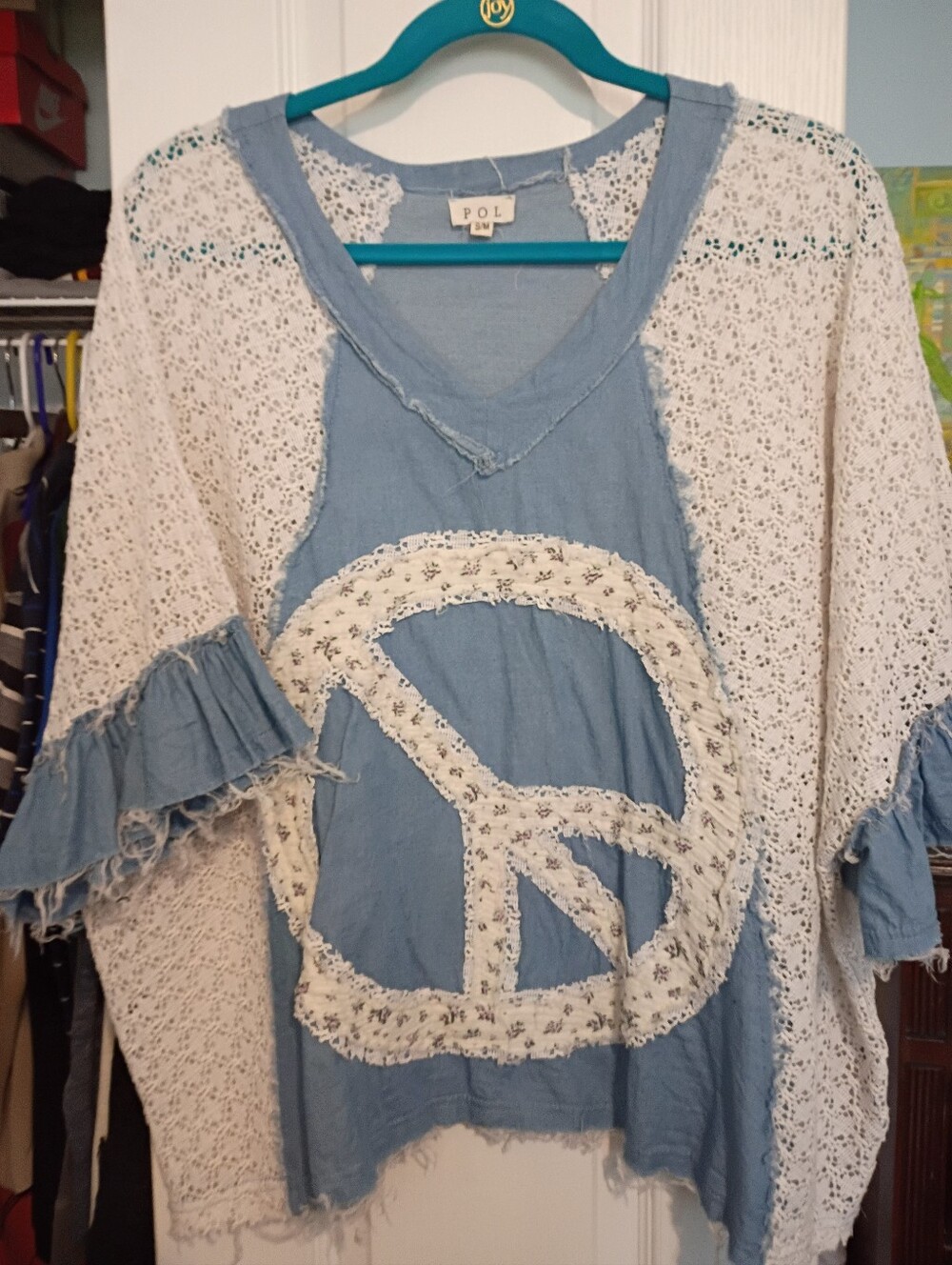 POL Blue & White Crochet Peace Sign Tunic